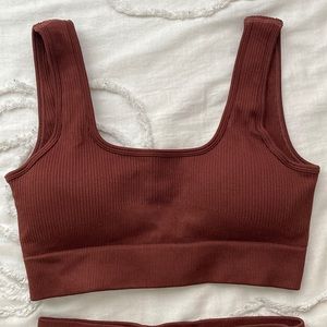 brown ribbed workout set